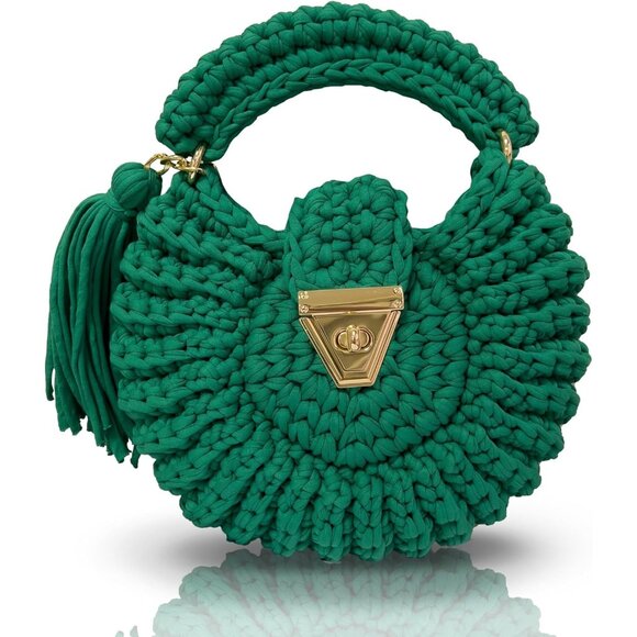 Women's Handmade Crochet Green Evening Small Formal Flap Clutch Crossbody Bag - Picture 1 of 6